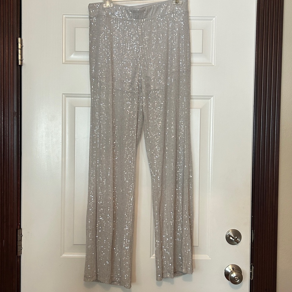 Wild Fable Metallic Wide Leg Pants M Silver Sequin Glam Festive Barbie